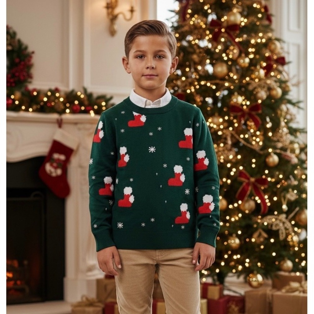 NEW Kids 5-6 Green Christmas Sweater Red Stocking Print Crew Neck‎ Holiday